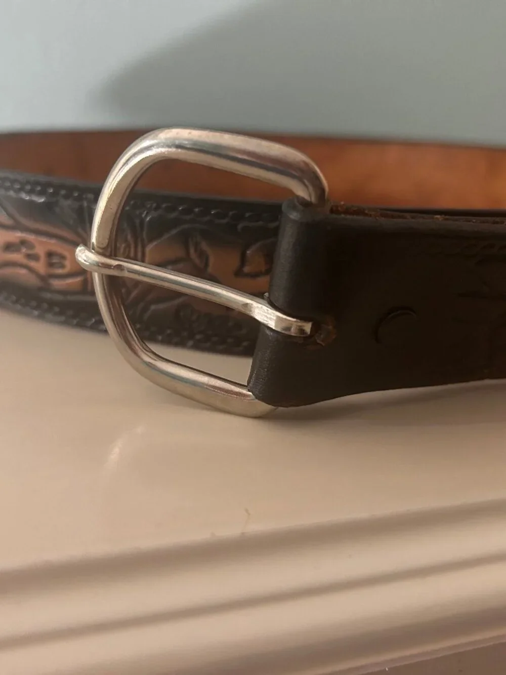 Vintage Woodland Deer Scene Belt Brown Rustic Nature Cottagecore Embossed 1.5